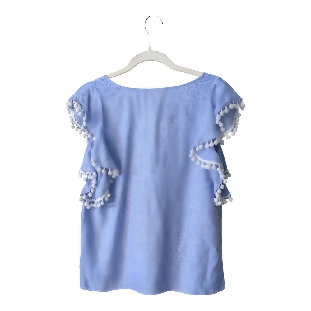 Lilly Pulitzer Linen Ruffle Pom Pom Trim Sleeves Blue Women Blouse Beach Preppy - Picture 4 of 6